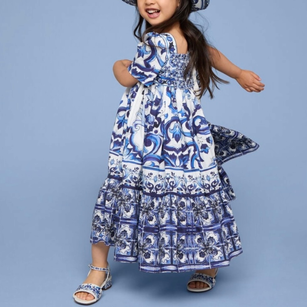 Dolce & Gabbana Majolica Poplin Dress with Shoulder Ties Girls Age 7 to 8 yrs